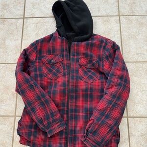 Red & Black Plaid Hooded Jacket with Sherpa Lining